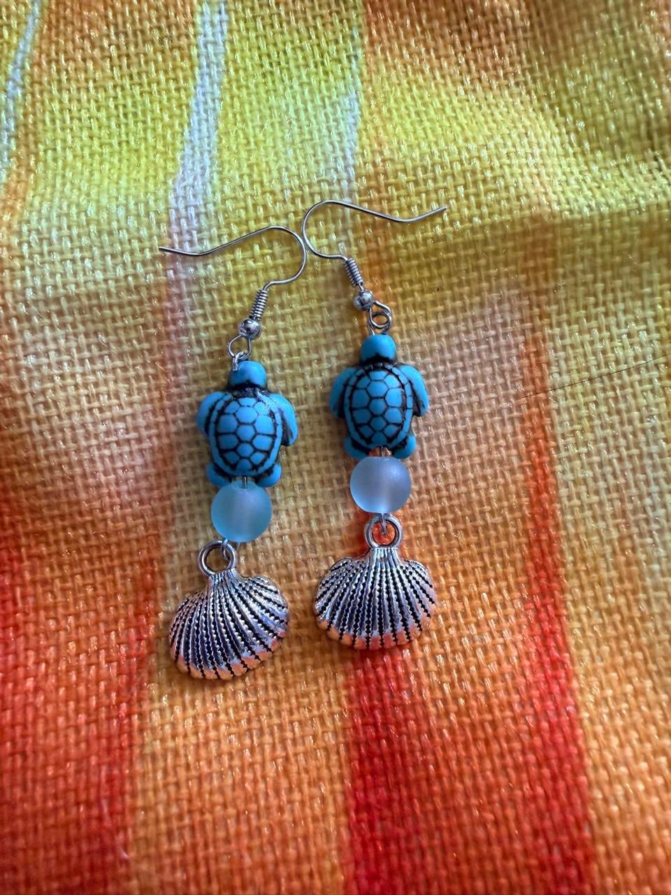 Handcrafted Turquoise Sea Turtle & Seashell Dangle Earrings