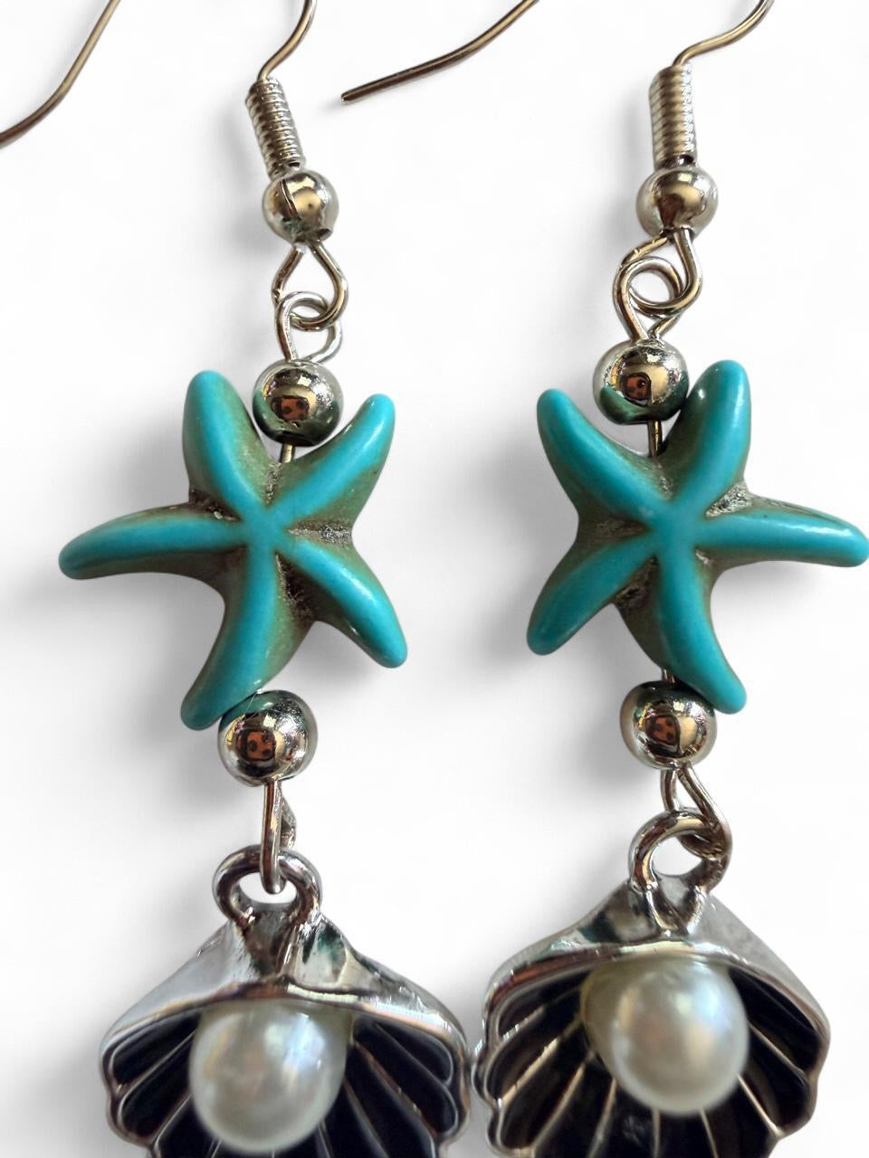 Handcrafted Turquoise Sea Turtle & Seashell Dangle Earrings