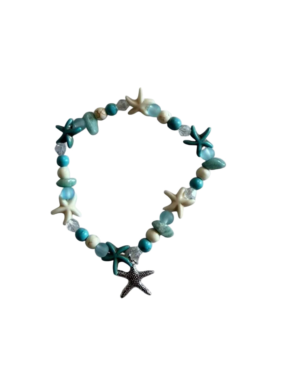 Handcrafted Turquoise & Sea Glass Style Starfish Charm Coastal Anklet