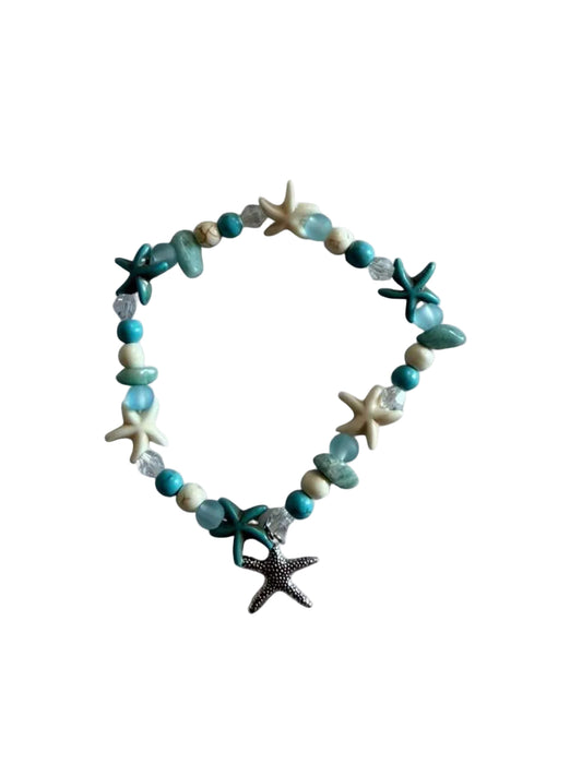 Handcrafted Turquoise & Sea Glass Style Starfish Charm Coastal Anklet