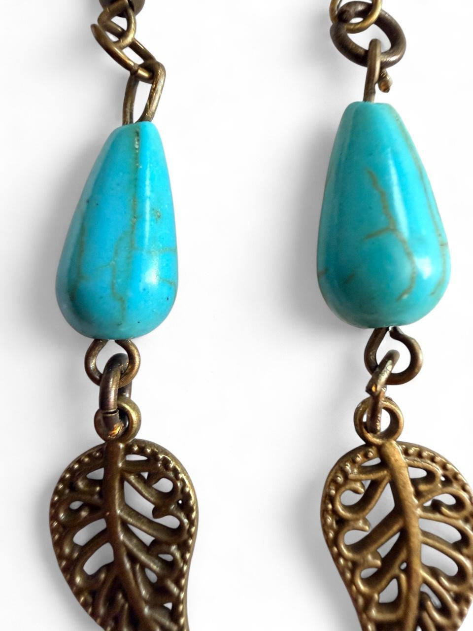 Harvest Turquoise Teardrop Leaf Earrings | Turquoise & Brass Leaf Dangle Earrings | The Harvest Souls Collection