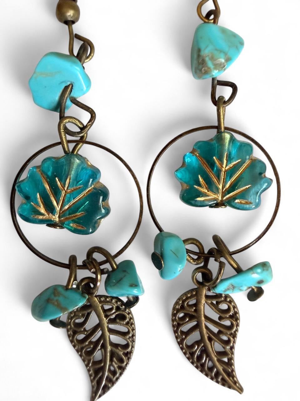 Harvest Souls – Turquoise Bloom & Bronze Leaf Earrings
