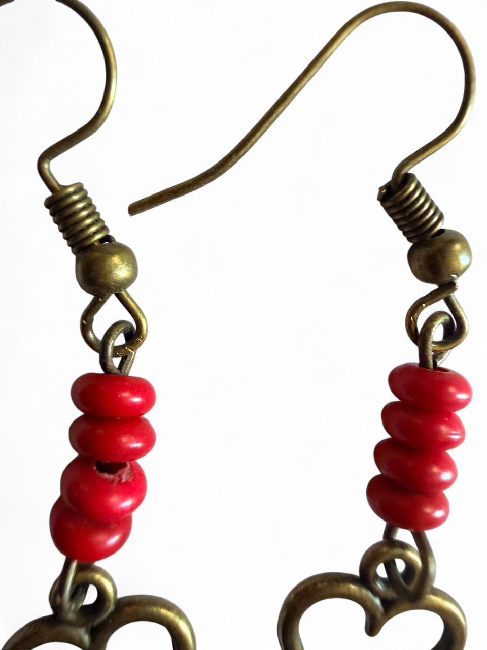 Handmade Red Heart Drop Earrings – Bronze & Coral Beads