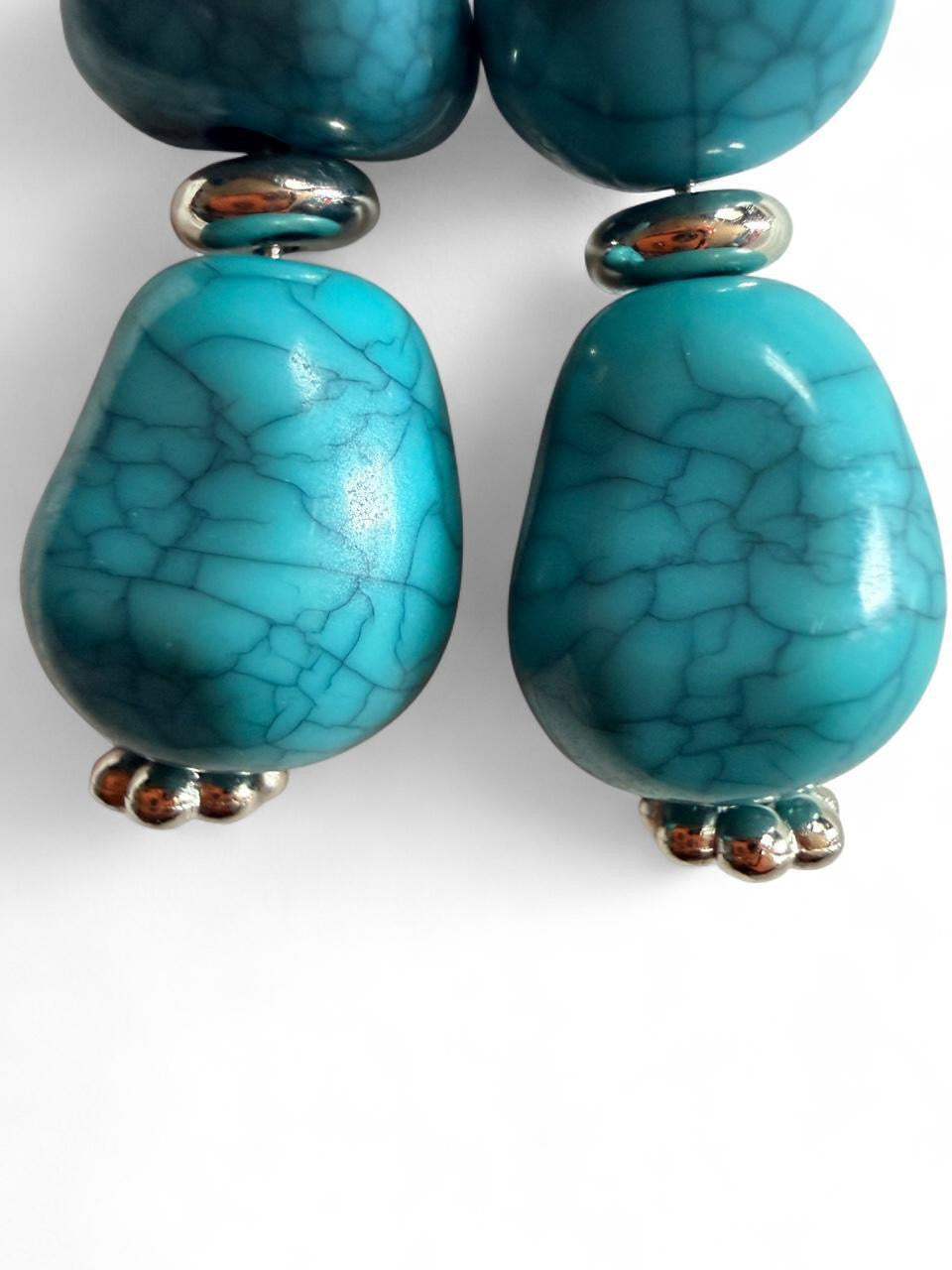 Chunky Turquoise Crackle Nugget Dangle Earrings - Boho Statement - Handmade