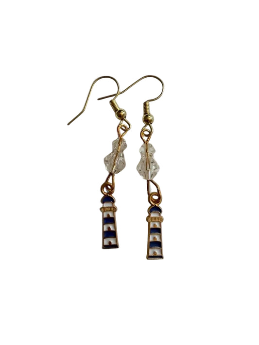 End of Summer Americana Lighthouse Earrings - Blue and White Nautical Dangle