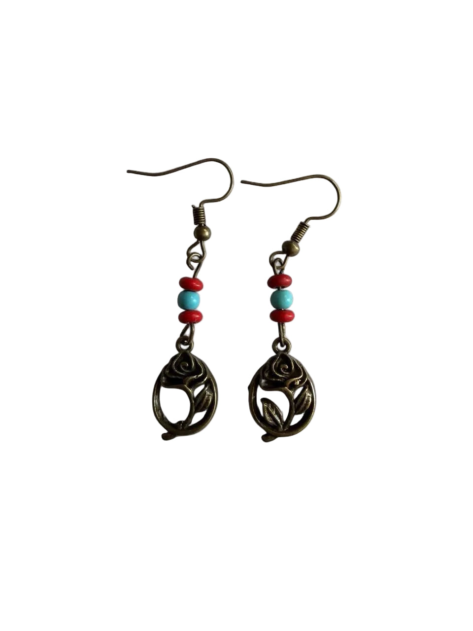 Handmade Bronze Rose Dangle Earrings | Turquoise Red Bead | Boho Southwest