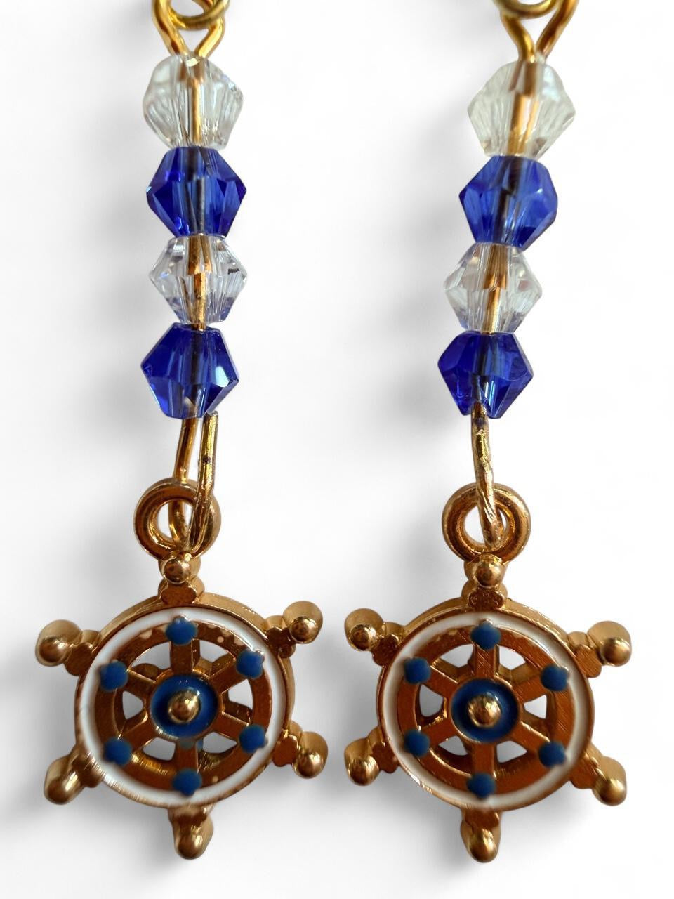 End of Summer Americana Ship Wheel Earrings - Blue and White Nautical Dangle