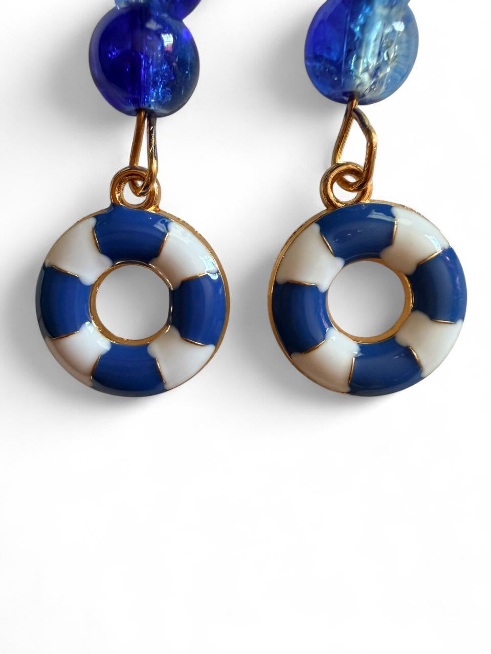 End of Summer Americana Lifesaver Earrings - Blue and White Nautical Buoy Dangle