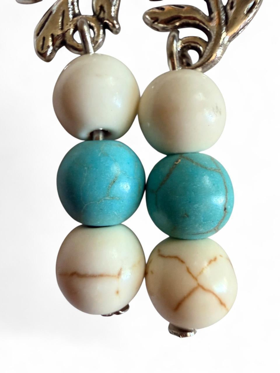 Harvest Leaf & Stone Earrings | Turquoise & Cream Beaded Leaf Earrings | The Harvest Souls Collection