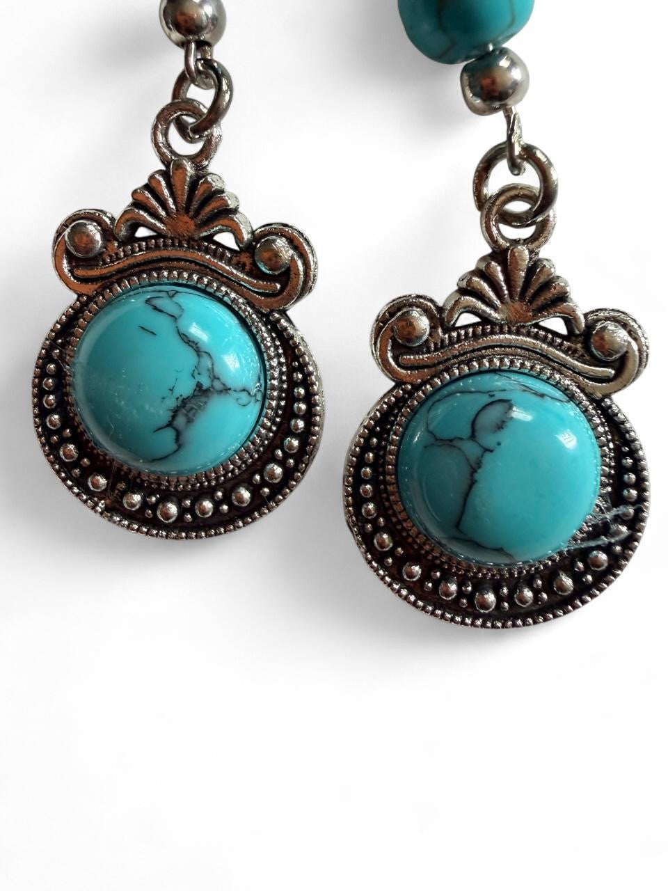 Boho Turquoise Dangle Earrings | Ornate Silver Frame Western Style