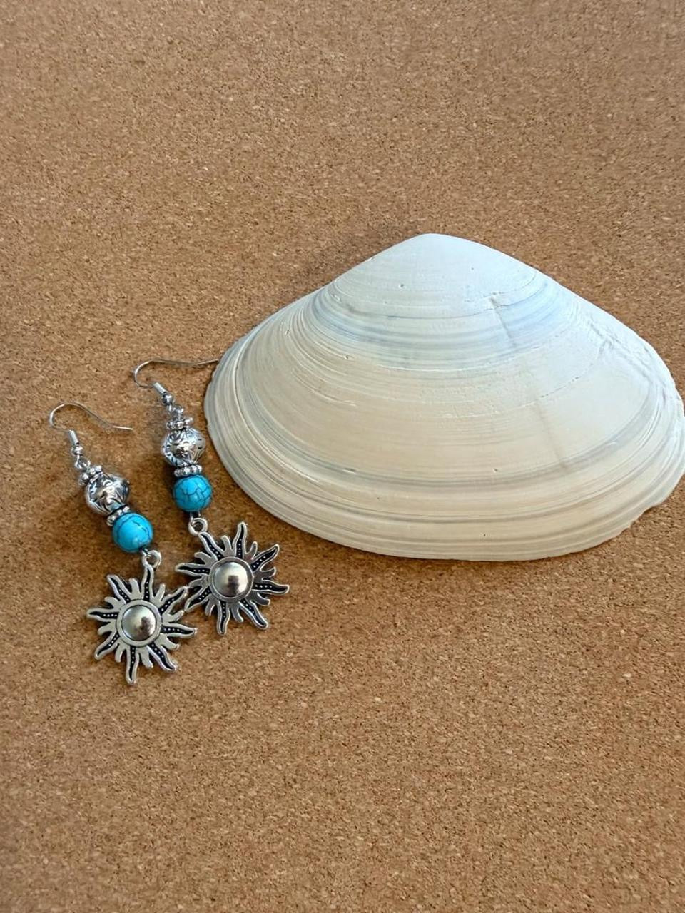 Handcrafted Antique Silver & Turquoise Beaded Celestial Sun Dangle Earrings