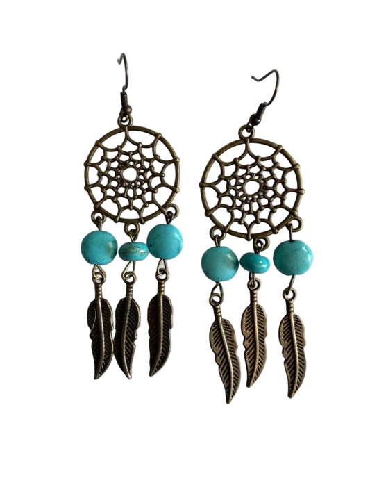 Handmade Bronze Dreamcatcher Earrings | Turquoise Feather Dangle | Boho Western