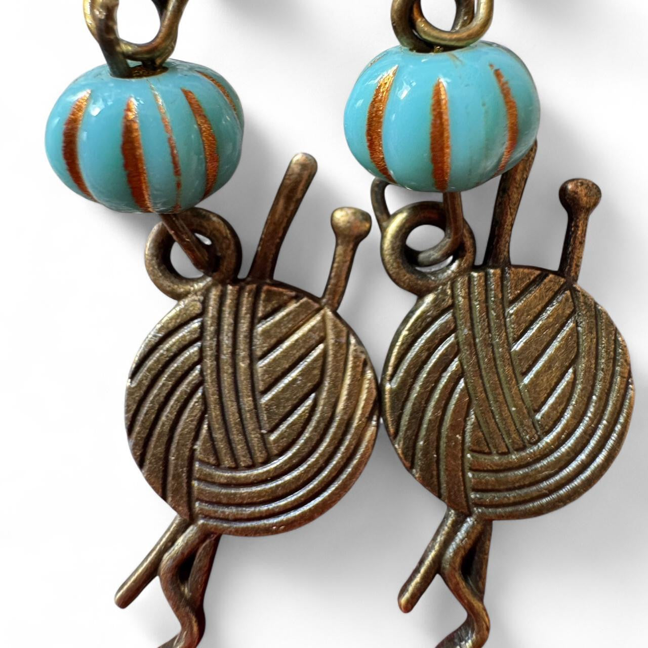 Handmade Yarn Ball Knitting Earrings – Turquoise Bead & Antique Bronze Charm