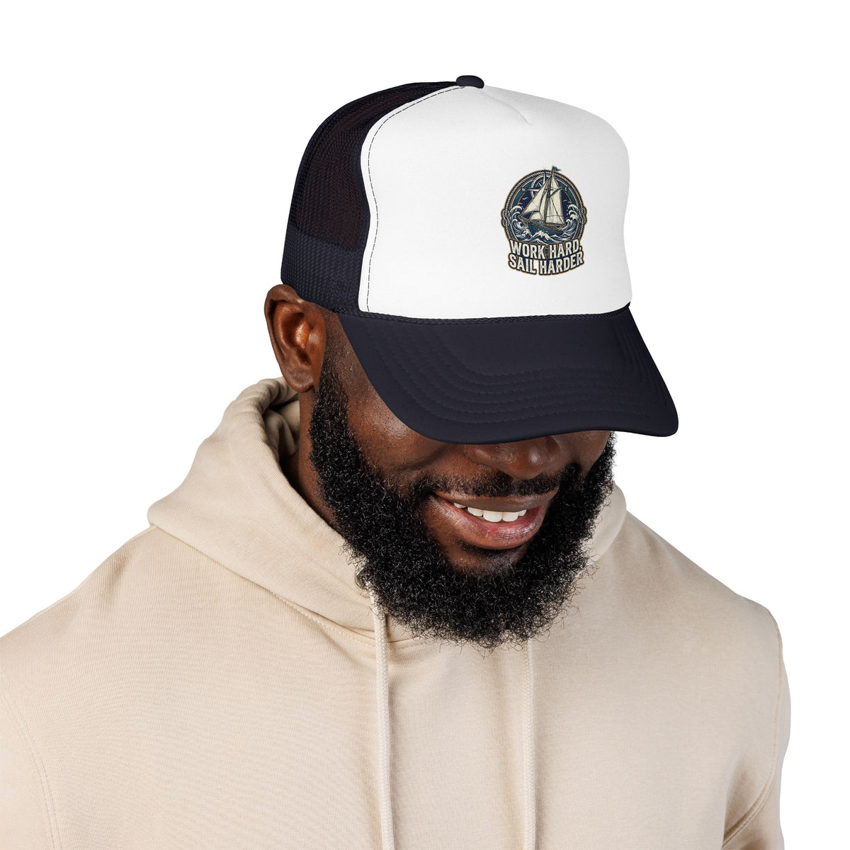 Trucker Hat — 'Work Hard Sail Harder' Vintage Sailboat Mesh Cap