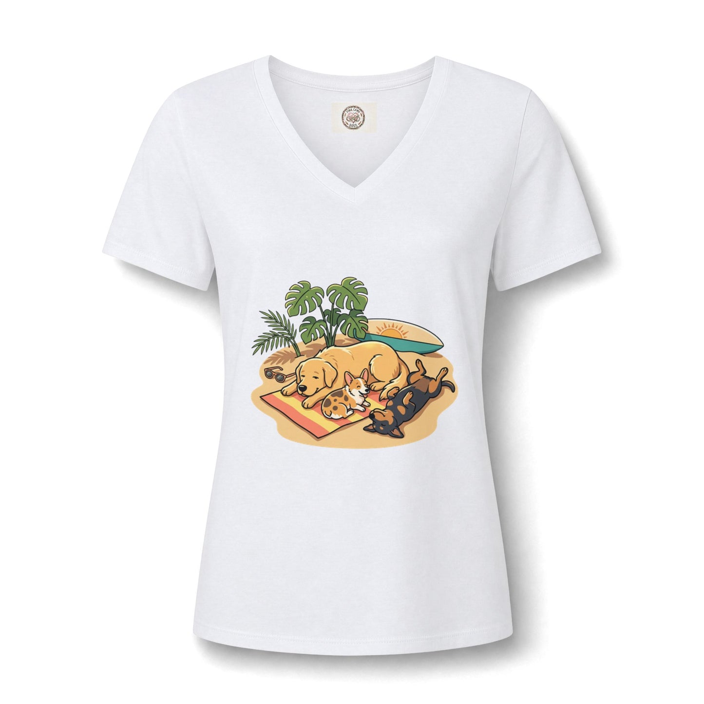 Beach Nap Dogs V-Neck Tee — Cute Sleeping Dog Graphic Shirt