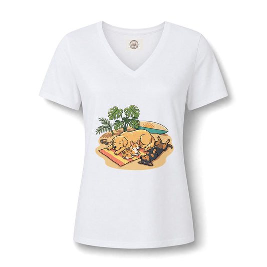 Beach Nap Dogs V-Neck Tee — Cute Sleeping Dog Graphic Shirt