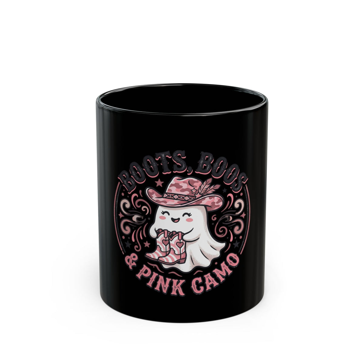 Roots Boots & Pink Camo ghost illustration Mug | Black ceramic mug
