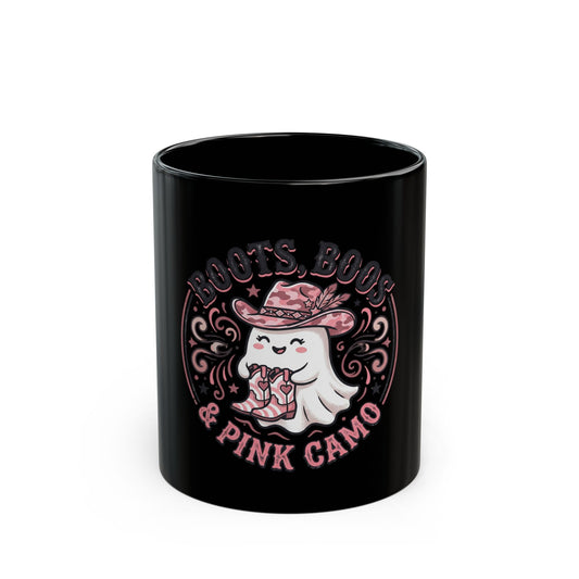 Roots Boots & Pink Camo ghost illustration Mug | Black ceramic mug
