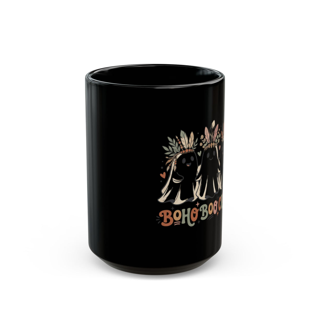 Boho Boo Crew Black Mug – Cute Ghosts with Feather Crowns (11oz & 15oz)