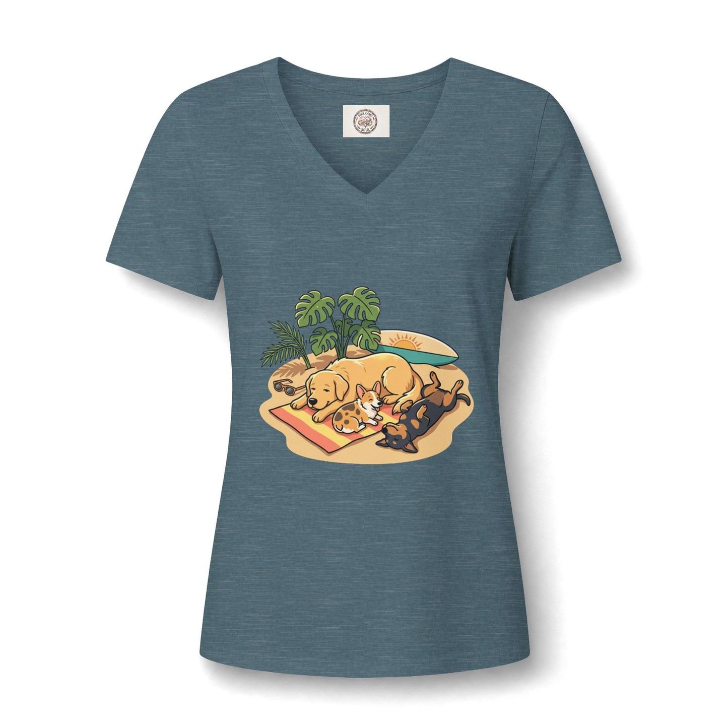 Beach Nap Dogs V-Neck Tee — Cute Sleeping Dog Graphic Shirt