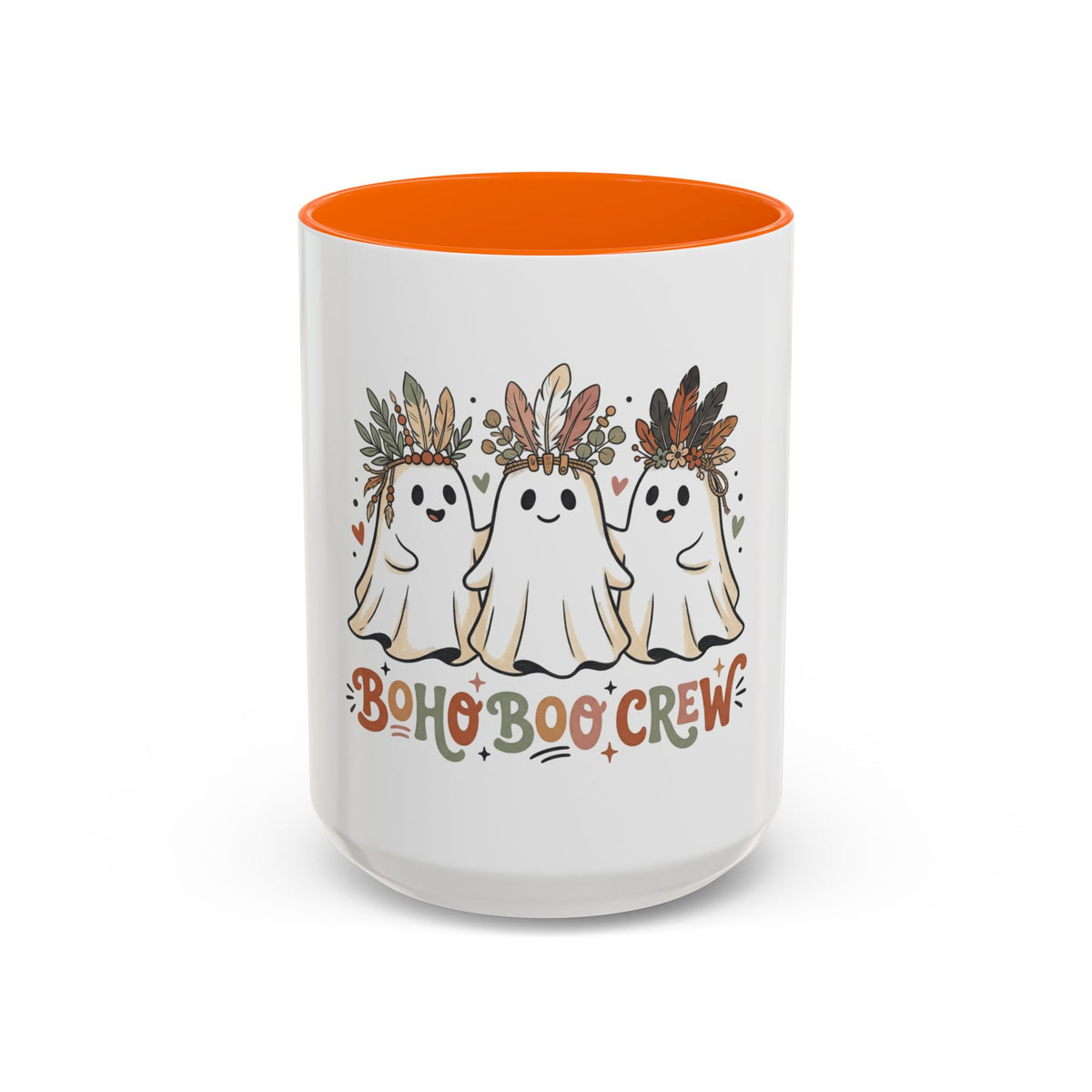 Boho Boo Crew Coffee Mug — Cute Halloween Ghosts with Feather Crowns (11/15oz)
