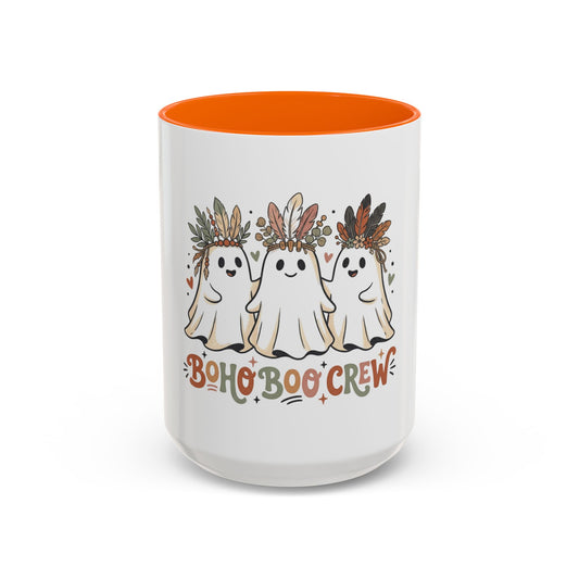 Boho Boo Crew Coffee Mug — Cute Halloween Ghosts with Feather Crowns (11/15oz)