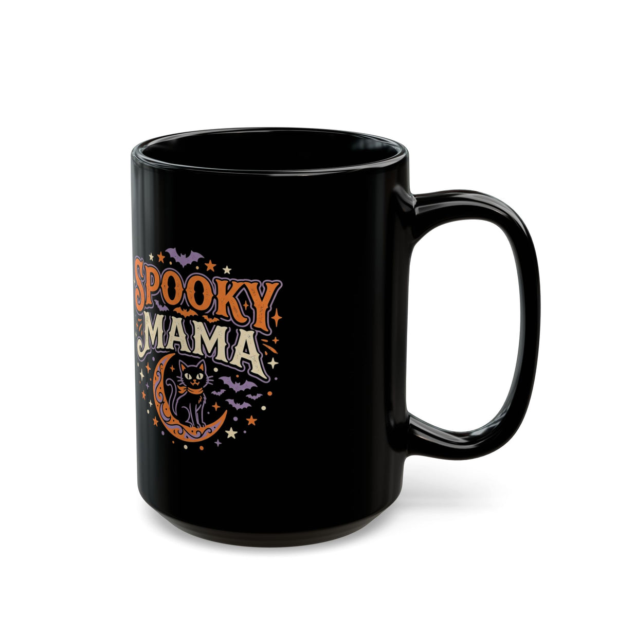 Spooky Mama Mug | Halloween cat moon design on black mug