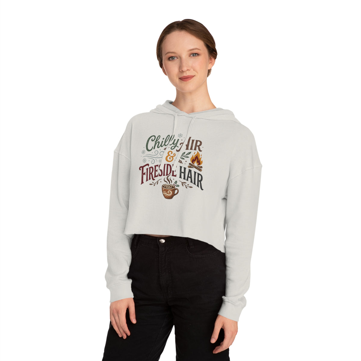 Cropped Hooded Sweatshirt — "Chilly Air & Fireside Hair" Cozy Fall Hoodie