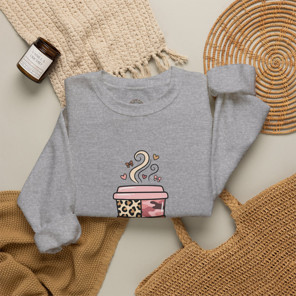 Coffee Lover Sweatshirt — Pink Leopard Coffee Cup Graphic Crewneck