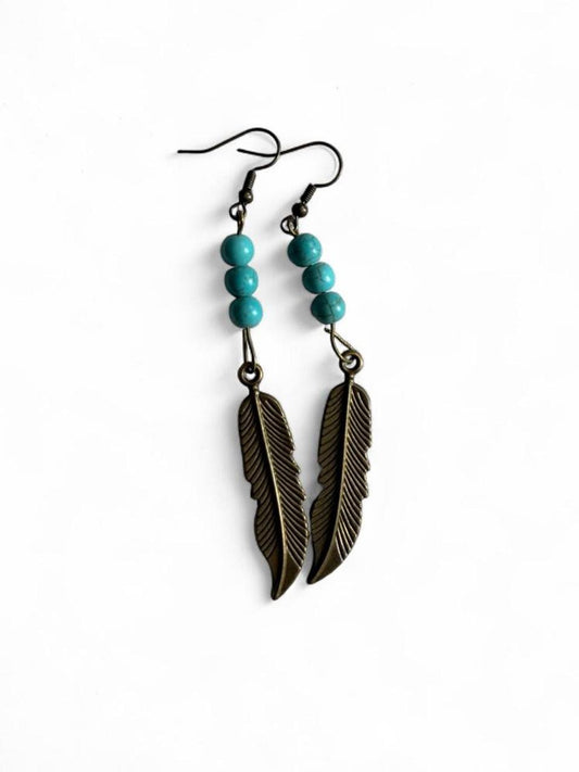 Handmade Bronze Feather Turquoise Beaded Dangle Earrings