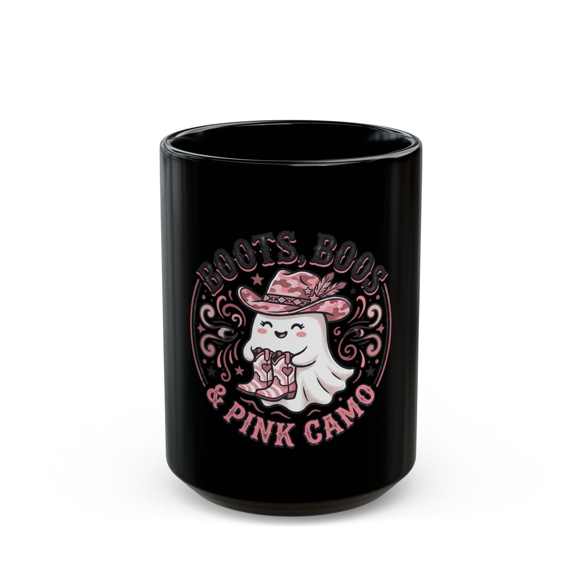 Roots Boots & Pink Camo ghost illustration Mug | Black ceramic mug
