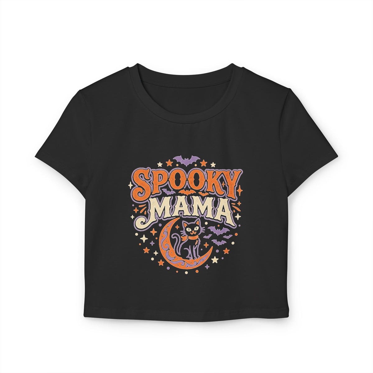 Spooky Mama Baby Tee — Halloween Cat Moon Graphic Crop Top