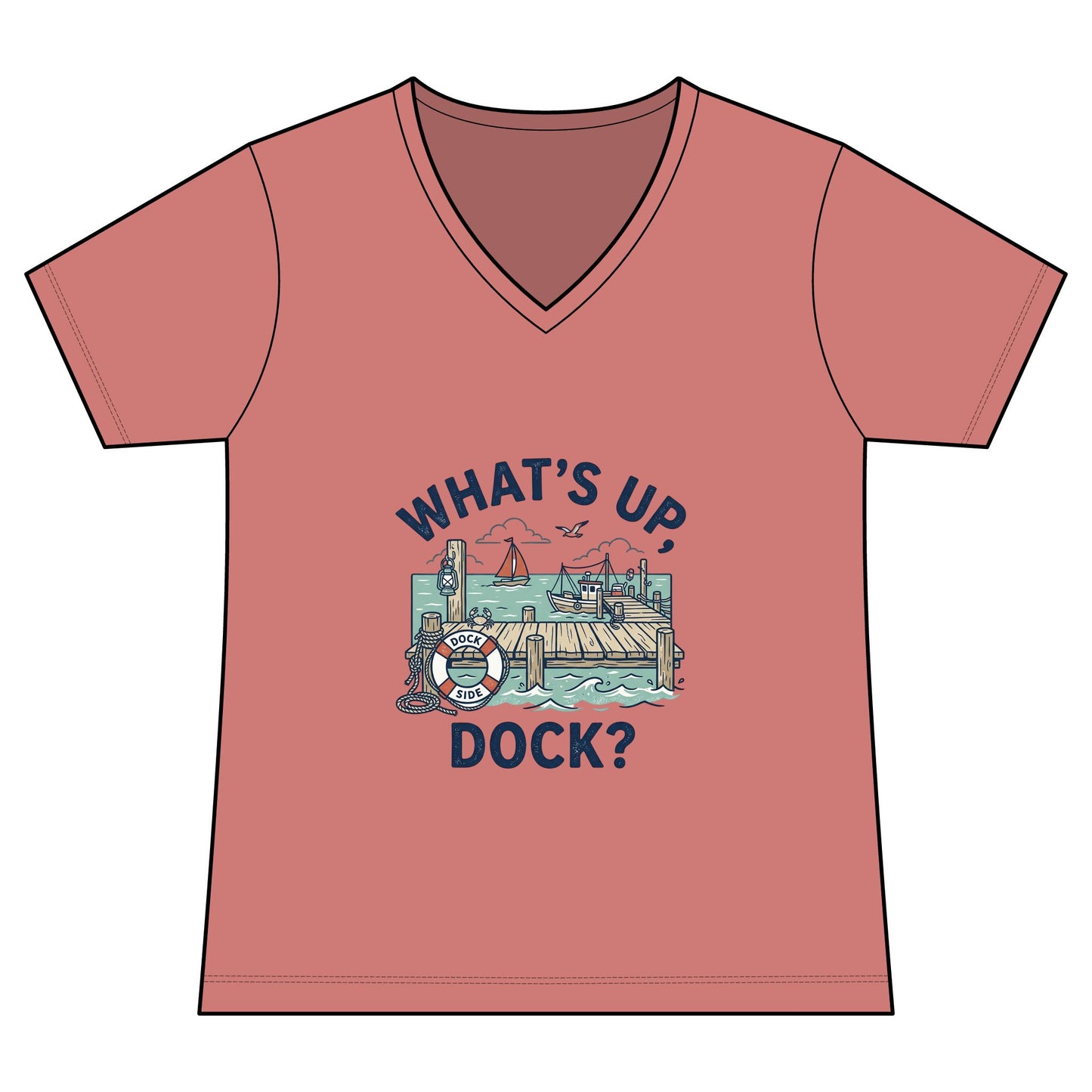 What's Up Dock? Women's V-Neck Tee — Nautical Dockside Graphic T‑Shirt