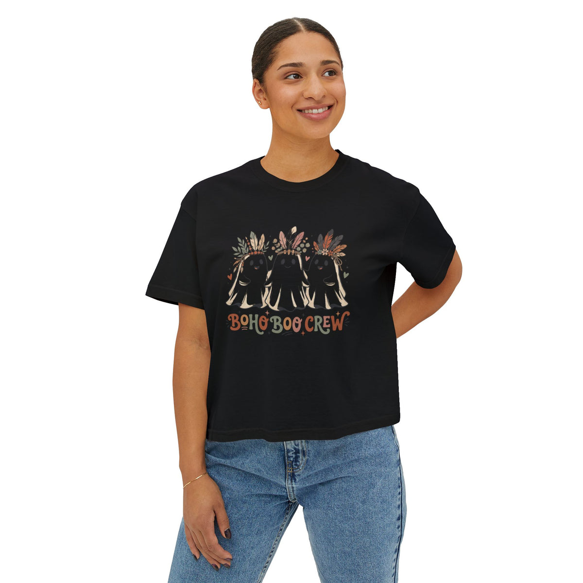 Boho Boo Crew Women's Boxy Tee - Cute Ghosts with Floral Crowns Halloween Shirt
