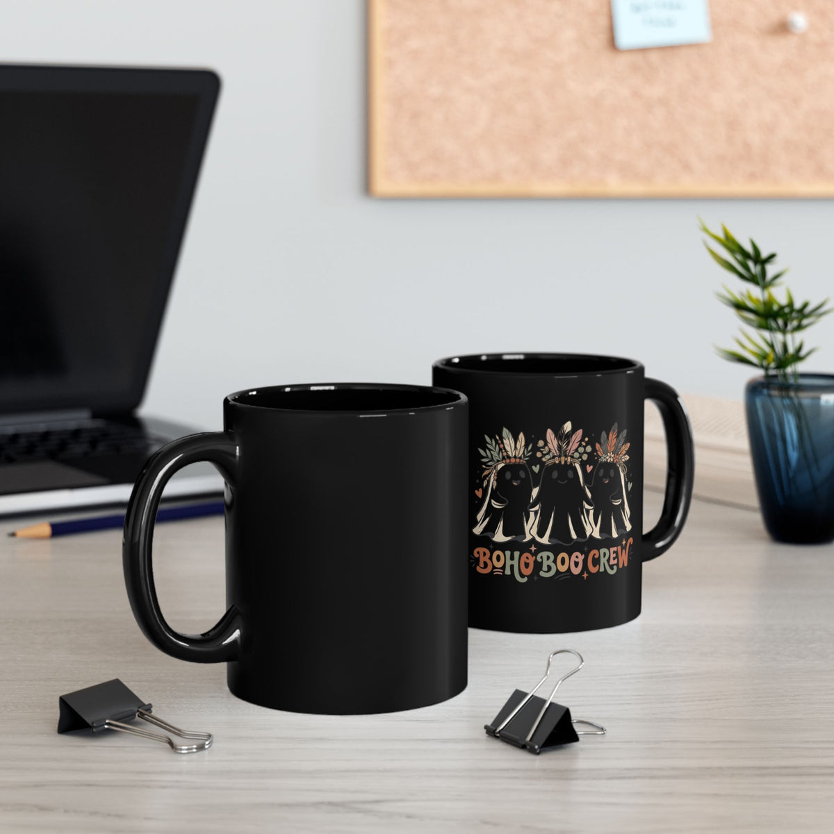 Boho Boo Crew Black Mug – Cute Ghosts with Feather Crowns (11oz & 15oz)