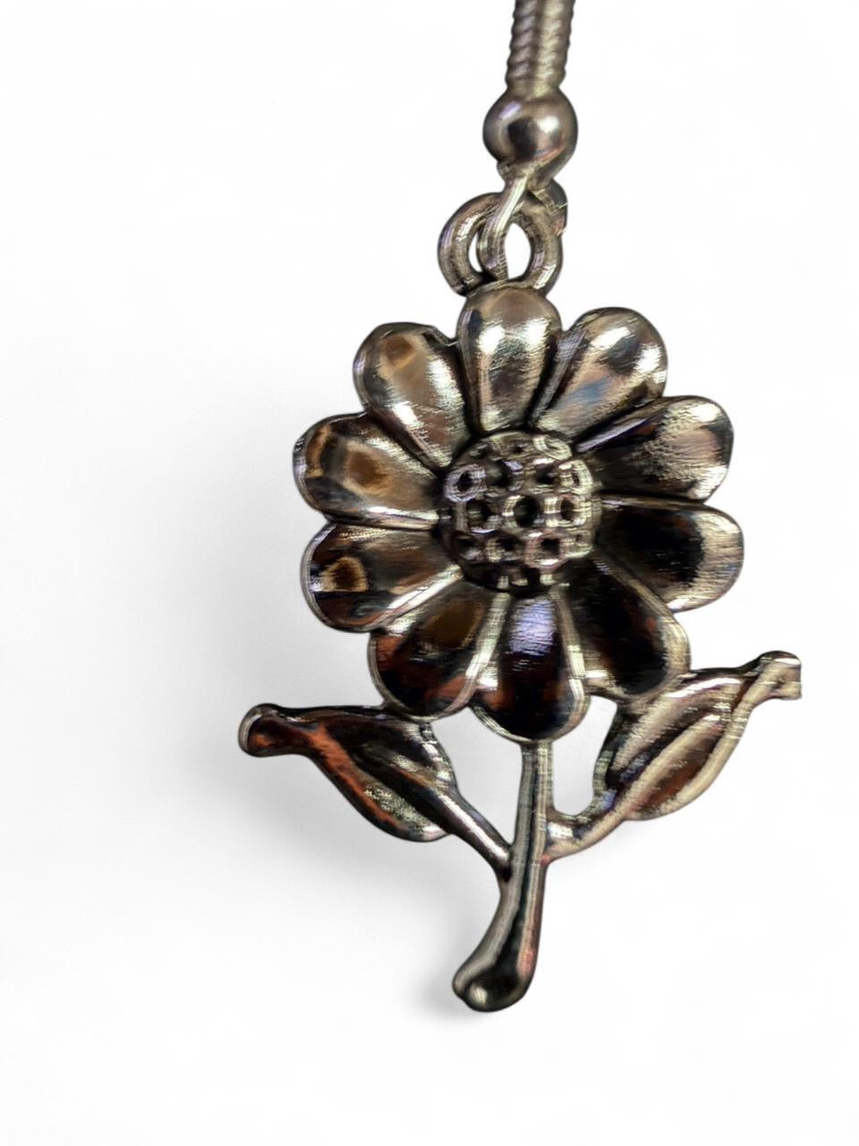 Handmade Silver Flower Drop Earrings | Botanical Daisy Style Dangles