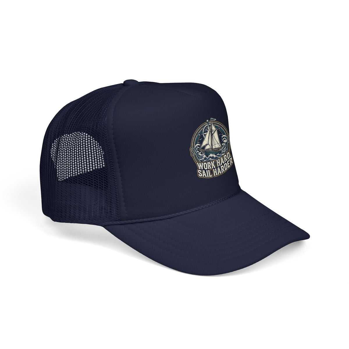 Trucker Hat — 'Work Hard Sail Harder' Vintage Sailboat Mesh Cap