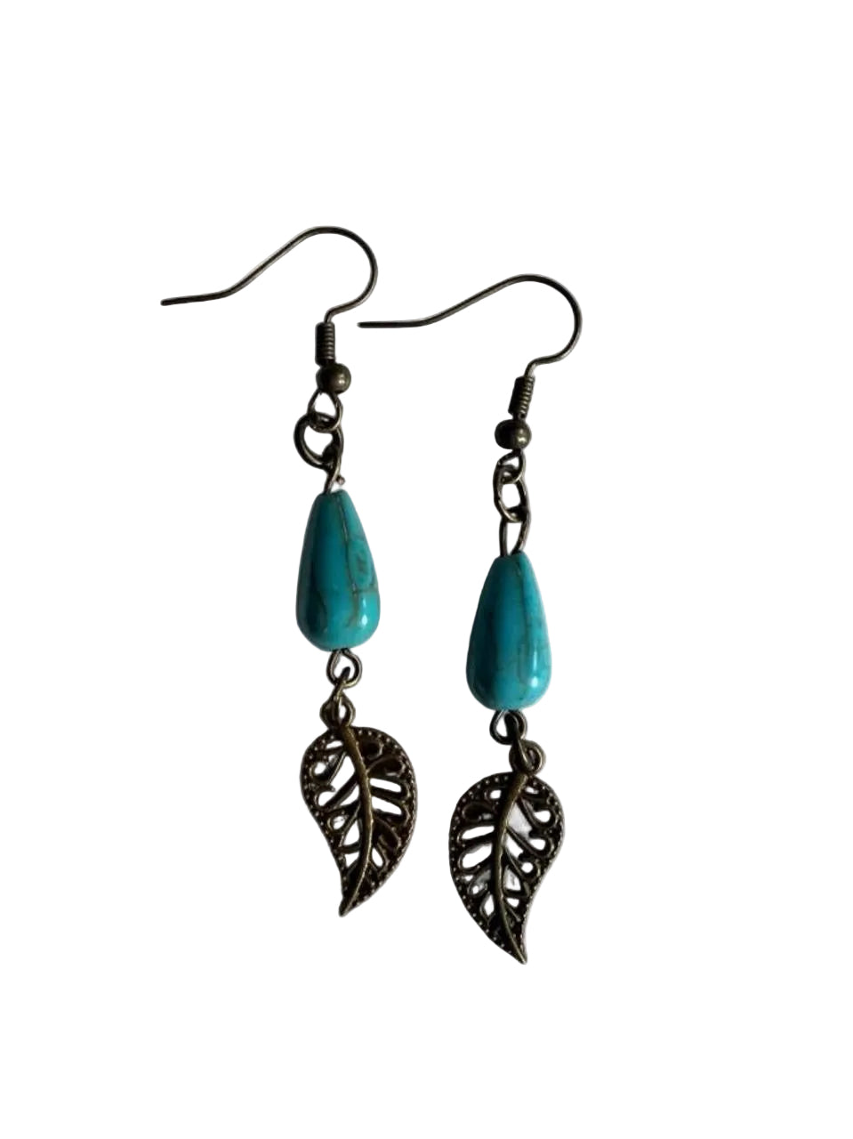 Earthy Turquoise Teardrop Leaf Dangle Earrings – Boho Western Style