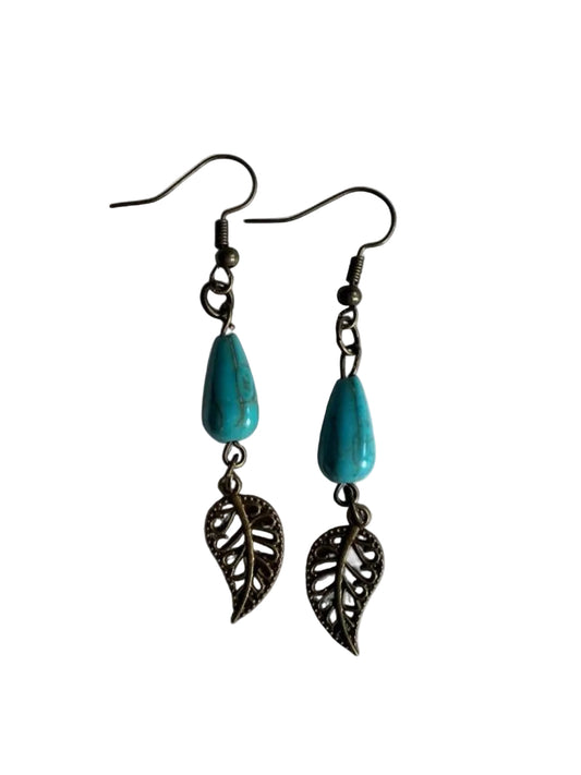 Earthy Turquoise Teardrop Leaf Dangle Earrings – Boho Western Style