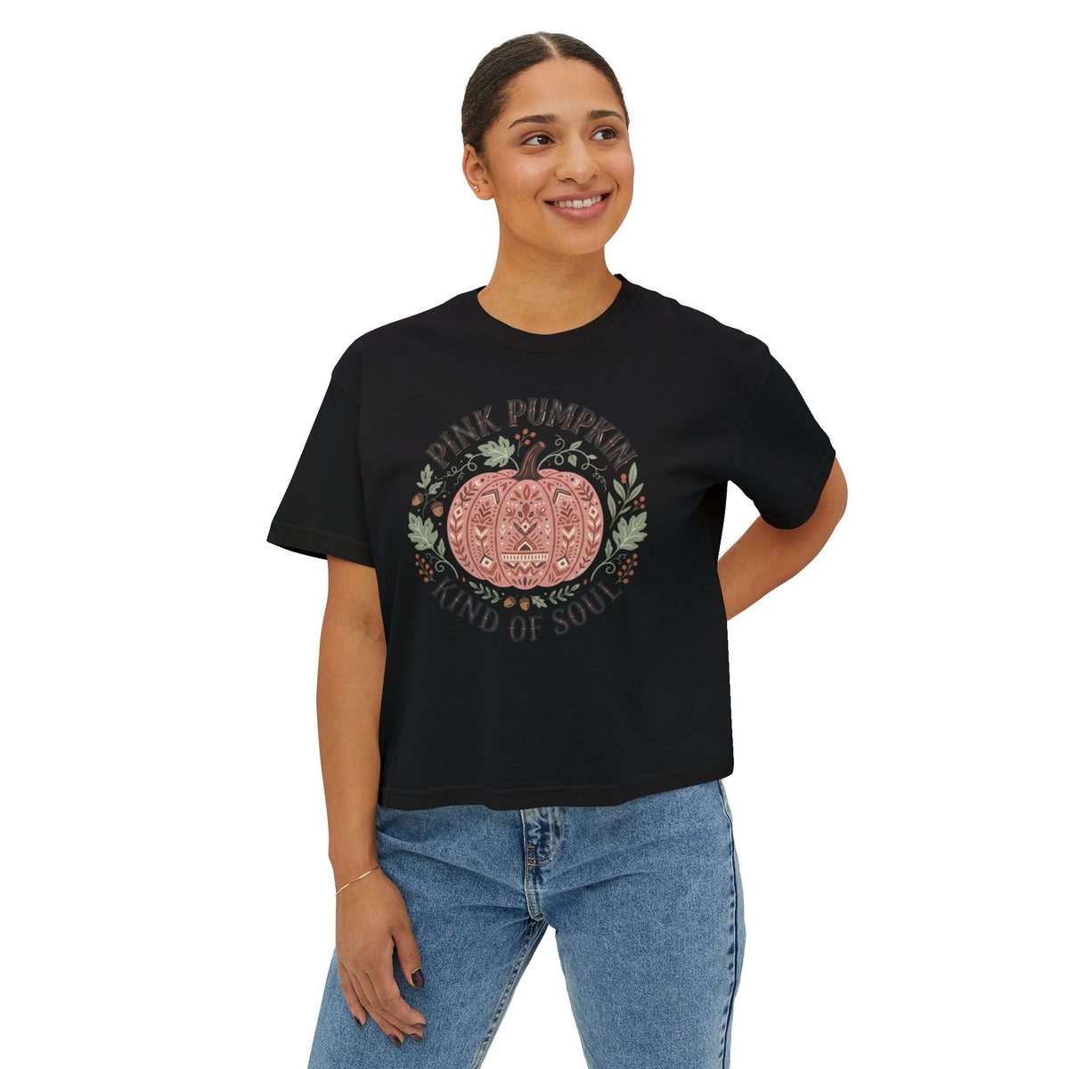 Pink Pumpkin Kind of Soul Boxy Tee — Women's Fall Pumpkin Graphic T-Shirt