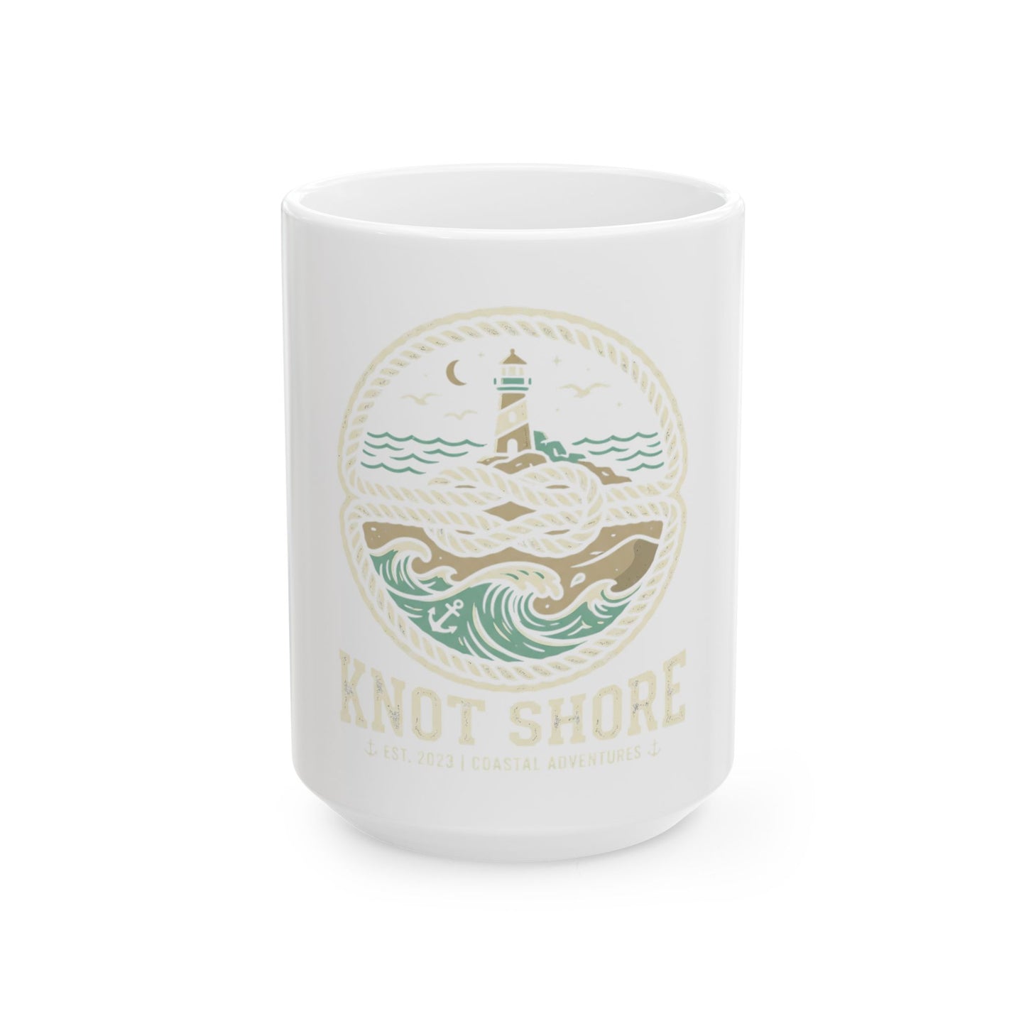 Nautical 'Knot Shore' Ceramic Mug — Lighthouse Ocean Waves Coffee Cup (11oz/15oz)