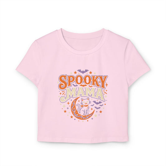 Spooky Mama Baby Tee — Halloween Cat Moon Graphic Crop Top