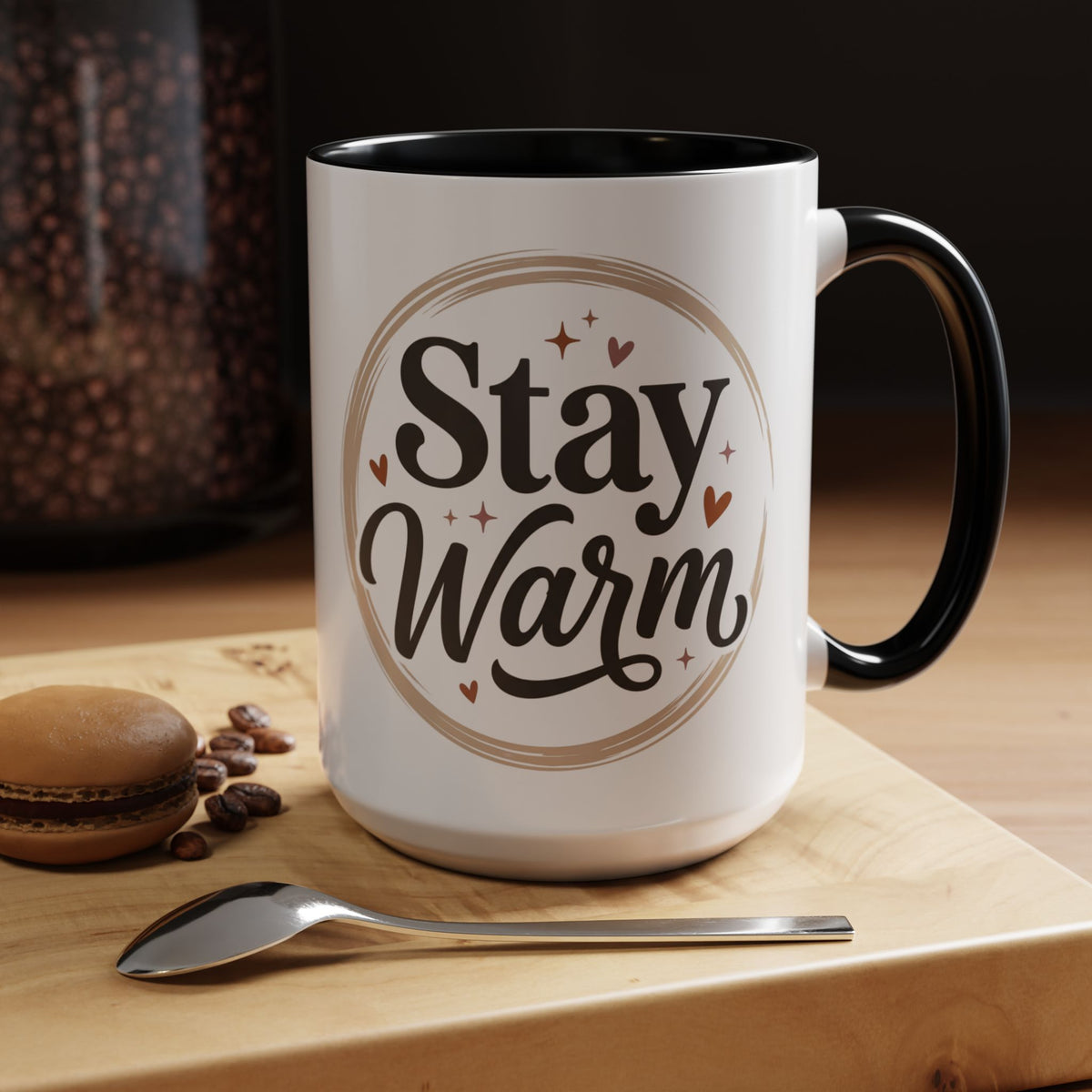Stay Warm Accent Coffee Mug — Cozy Script Ceramic Mug (11/15oz)