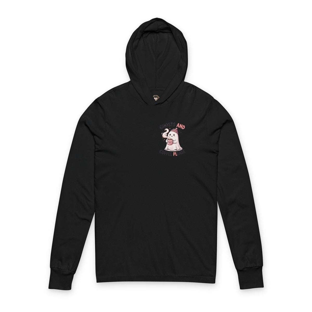 Long Sleeve Hoodie — "Ghosts and Coffee Please" Cute Ghost Graphic