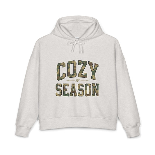 Cozy Season Hoodie — Women's Organic Mid-Weight Camo Lettering