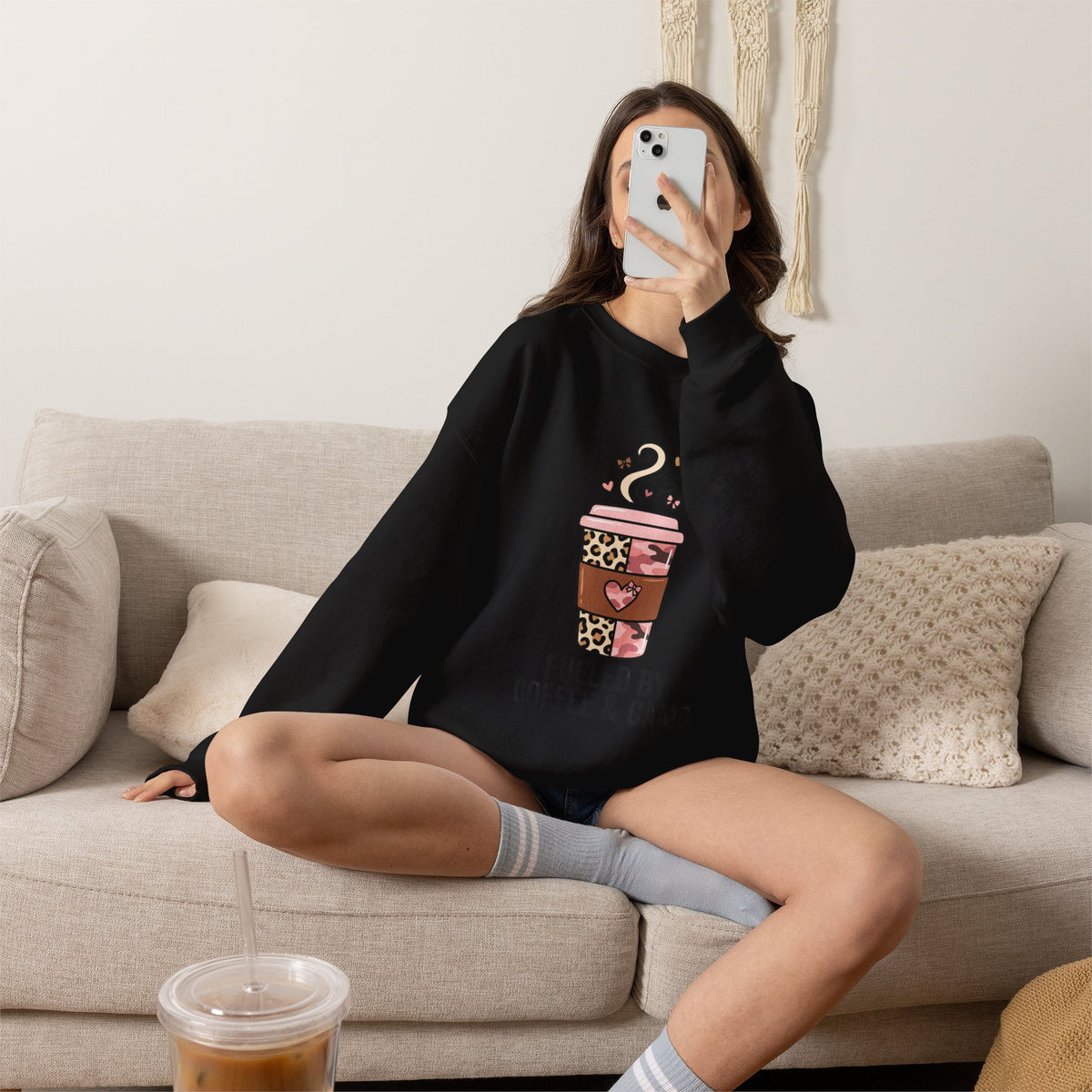 Coffee Lover Sweatshirt — Pink Leopard Coffee Cup Graphic Crewneck