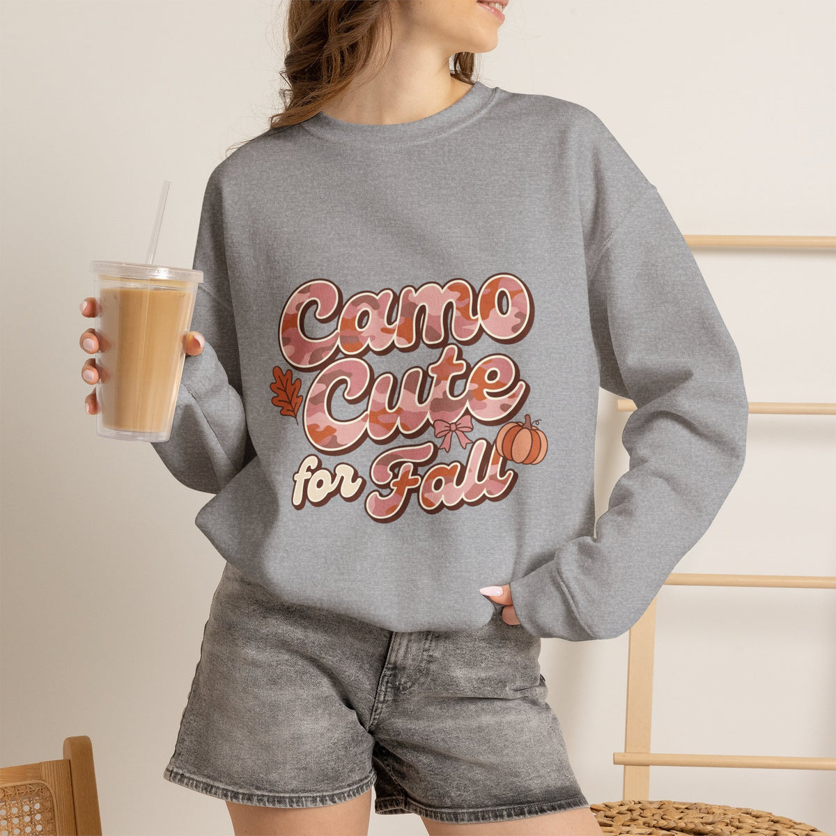 Fall 'Camo Cute for Fall' Crewneck Sweatshirt — Women's Autumn Graphic Pullover