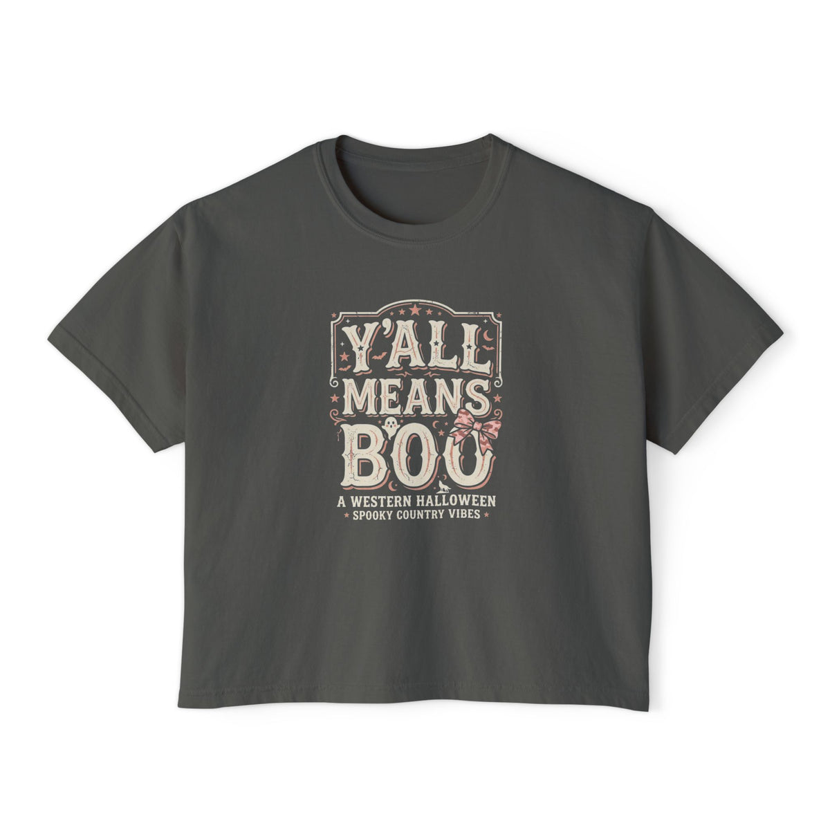 Women's Boxy Tee — "Y'all Means Boo" Western Halloween Graphic Tee