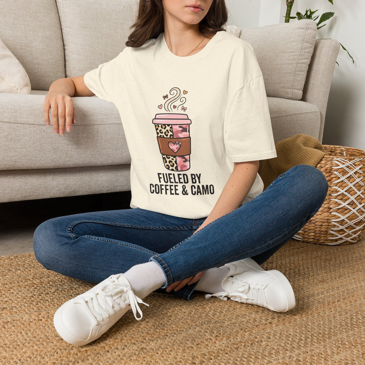 Fueled by Coffee & Camo T-Shirt — Cute Leopard Travel Coffee Cup Tee