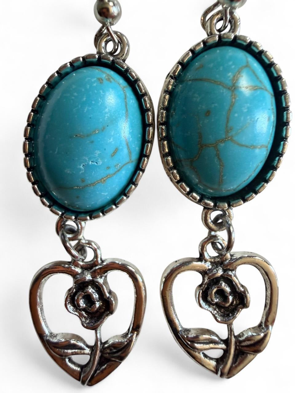 Handmade Turquoise & Silver Rose Heart Earrings